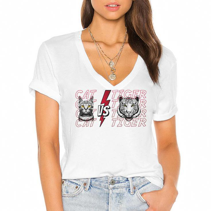 Cat Vs Tiger Gift Birthday Holiday By Mesa Cute Black Women's Jersey Short Sleeve Deep V-Neck Tshirt