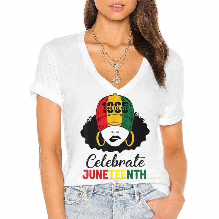 Celebrate Junenth 1865 Black Girl Magic Melanin Women  Women's Jersey Short Sleeve Deep V-Neck Tshirt