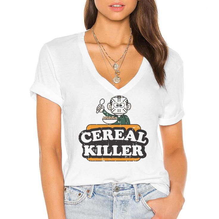 Cereal Killer Food Pun Humor Costume Funny Halloween Gifts  Women's Jersey Short Sleeve Deep V-Neck Tshirt