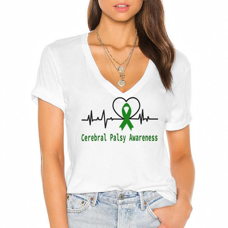 Cerebral Palsy Awareness Heartbeat  Green Ribbon  Cerebral Palsy  Cerebral Palsy Awareness Women's Jersey Short Sleeve Deep V-Neck Tshirt