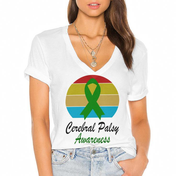 Cerebral Palsy Awareness Vintage  Green Ribbon  Cerebral Palsy  Cerebral Palsy Awareness Women's Jersey Short Sleeve Deep V-Neck Tshirt
