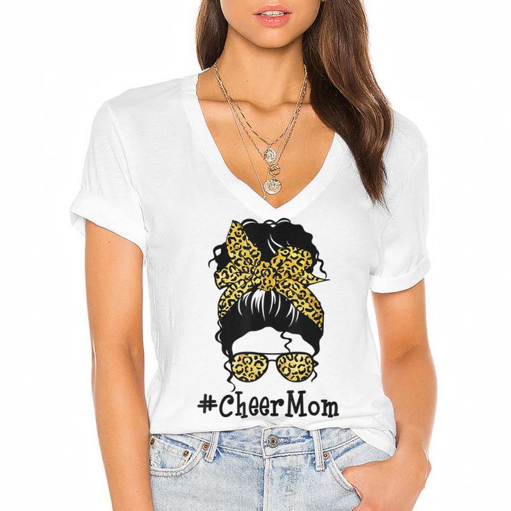 Cheer Mom Leopard Messy Bun Cheerleader Funny Mothers Day  V2 Women's Jersey Short Sleeve Deep V-Neck Tshirt