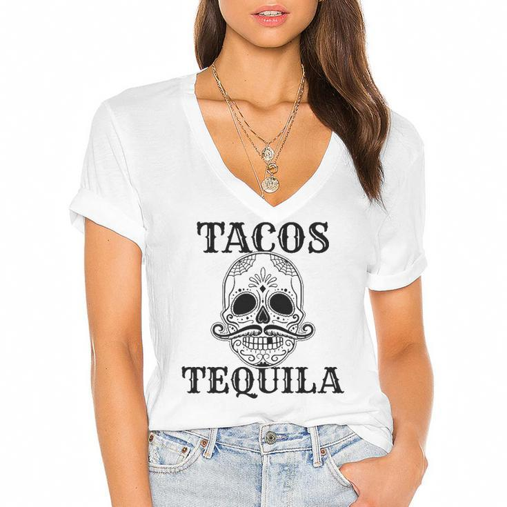 Cinco De Mayo Tacos & Tequila Sugar Skull Women's Jersey Short Sleeve Deep V-Neck Tshirt