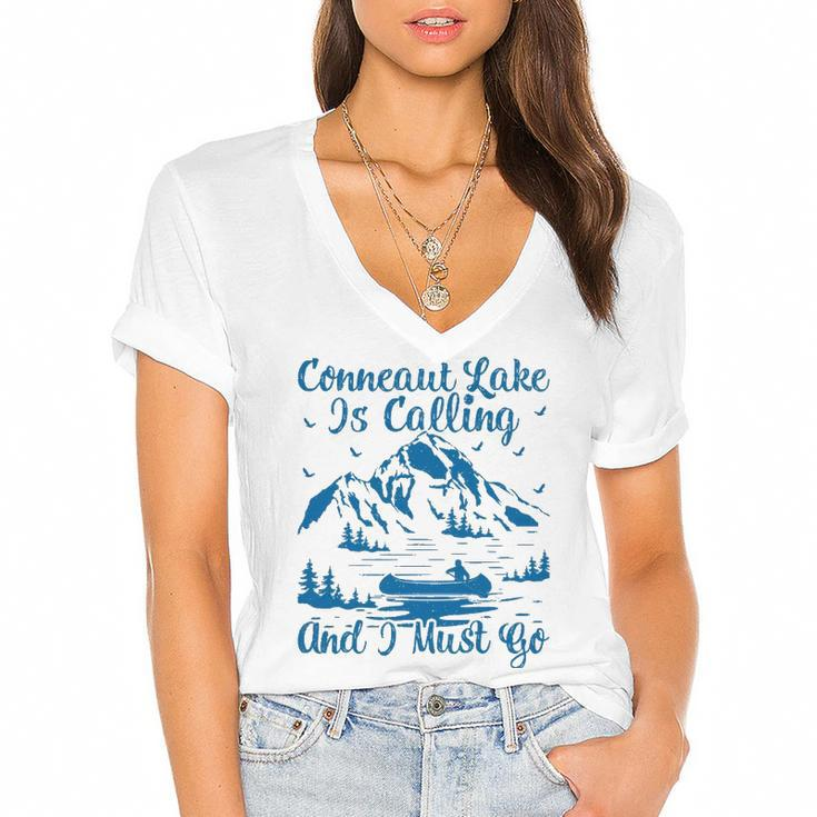 Conneaut Lake Is Calling And I Must Go Conneaut Lake Women's Jersey Short Sleeve Deep V-Neck Tshirt