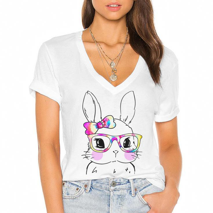 Cute Bunny Rabbit Face Tie Dye Glasses Girl Happy Easter Day Women's Jersey Short Sleeve Deep V-Neck Tshirt