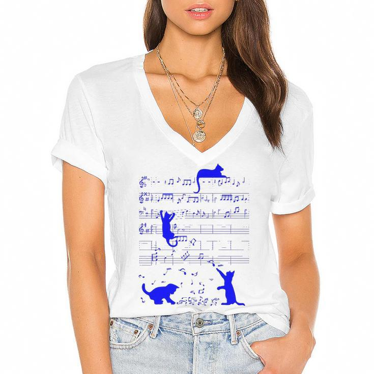 Cute Cats Kitty Music Notes Musician Art Women's Jersey Short Sleeve Deep V-Neck Tshirt