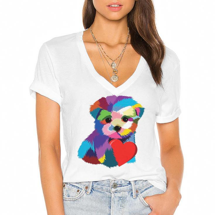 Cute Dog Rescue Gift For Women Men Teens Rainbow Puppy Heart Women's Jersey Short Sleeve Deep V-Neck Tshirt