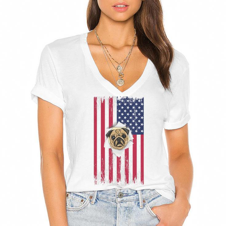Cute Pug Face & American Flag – 4Th Of July Pug Dad Pug Mom   Women's Jersey Short Sleeve Deep V-Neck Tshirt