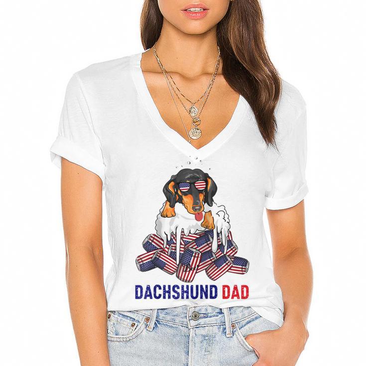 Dachshund Dad Beer Drinking 4Th Of July Us Flag Patriotic  Women's Jersey Short Sleeve Deep V-Neck Tshirt