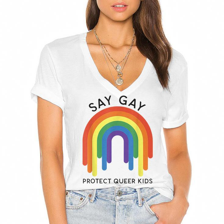 Dont Say Gay  Protect Trans Kids  Women's Jersey Short Sleeve Deep V-Neck Tshirt