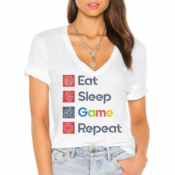 Eat Sleep Game Repeat Women's Jersey Short Sleeve Deep V-Neck Tshirt