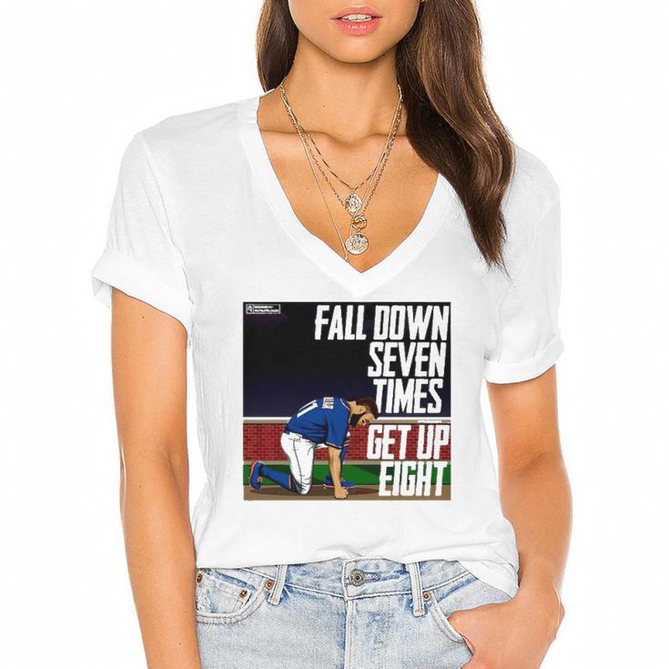 Fall Down Seven Times Get Up Eight 2022 Kevin Pillar Women's Jersey Short Sleeve Deep V-Neck Tshirt