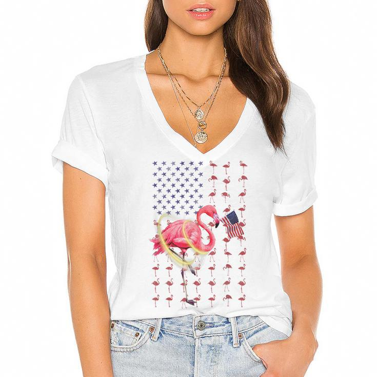 Flamingo American Usa Flag 4Th Of July Patriotic Funny  Women's Jersey Short Sleeve Deep V-Neck Tshirt