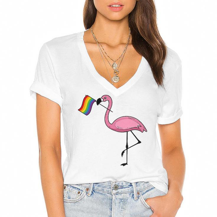 Flamingo Lgbt Flag  Cool Gay Rights Supporters Gift Women's Jersey Short Sleeve Deep V-Neck Tshirt