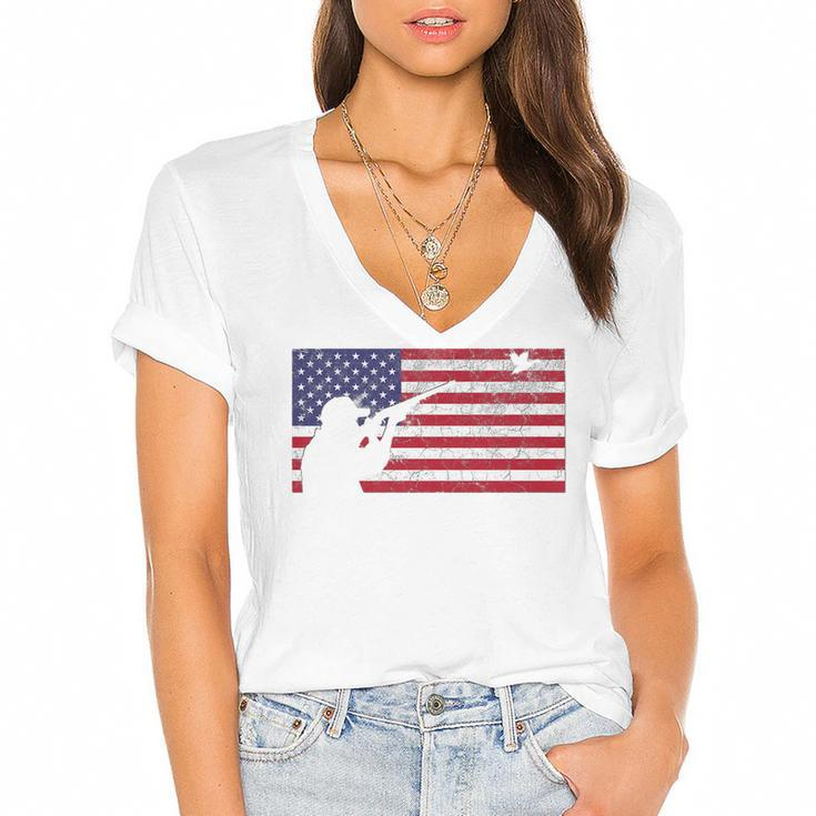 Fourth Of July 4Th American Flag Duck Hunting Geese Dad Usa   Women's Jersey Short Sleeve Deep V-Neck Tshirt