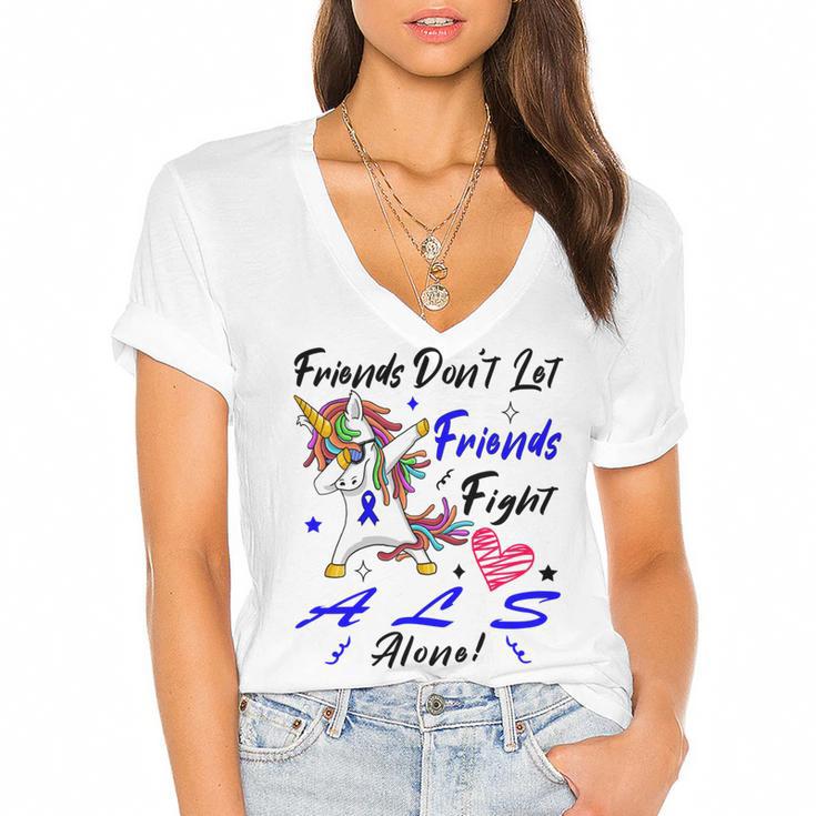 Friends Dont Let Friends Fight Als Alone  Unicorn Blue Ribbon  Amyotrophic Lateral Sclerosis Support  Als Awareness Women's Jersey Short Sleeve Deep V-Neck Tshirt