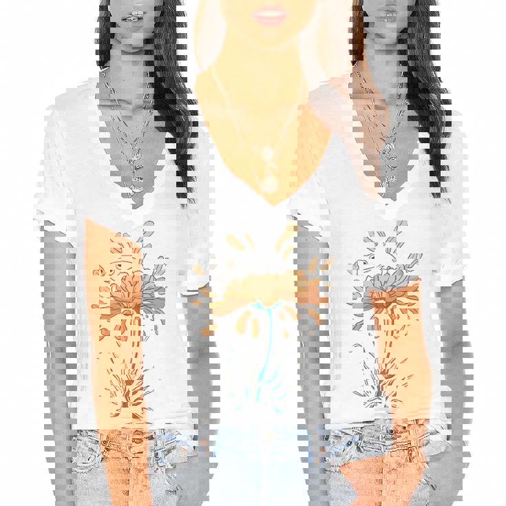 Frog On Flowers Nature Flower Leaves Petals Women's Jersey Short Sleeve Deep V-Neck Tshirt