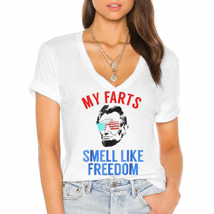 Funny Abe Lincoln July 4Th My Farts Smell Like Freedom  Women's Jersey Short Sleeve Deep V-Neck Tshirt