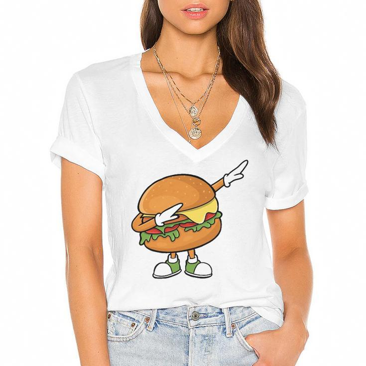Funny Hamburger Art Men Women Cheeseburger Meat Eater  Women's Jersey Short Sleeve Deep V-Neck Tshirt