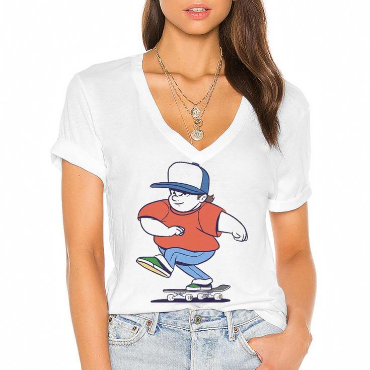 Funny Skater Cartoon Skateboarder Riding Skateboard Gift Women's Jersey Short Sleeve Deep V-Neck Tshirt