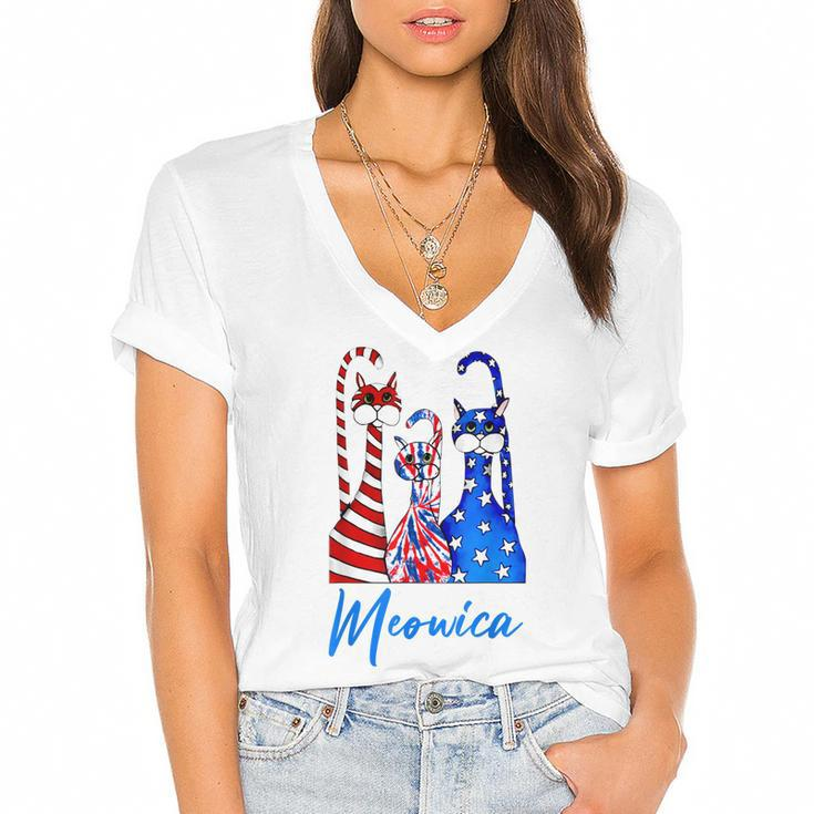 Funny Tie Dye Meowica 4Th Of July Cat Lovers Patriotic  Women's Jersey Short Sleeve Deep V-Neck Tshirt
