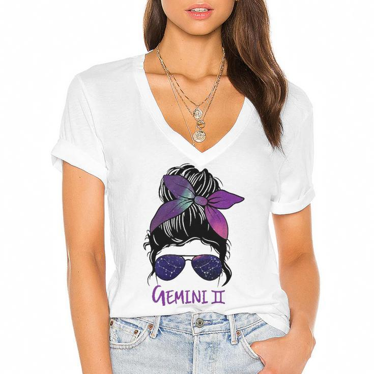 Gemini Girl Birthday Gemini Woman Zodiac Constellation Women's Jersey Short Sleeve Deep V-Neck Tshirt