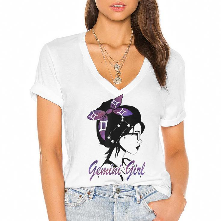 Gemini Girl Birthday Gemini Woman Zodiac Sign  Women's Jersey Short Sleeve Deep V-Neck Tshirt