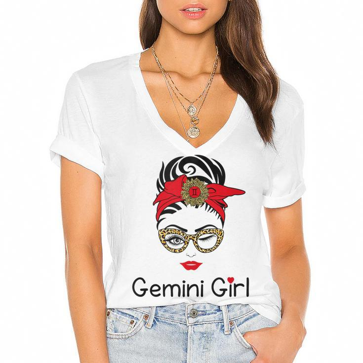 Gemini Girl  Leopard Sunflower Zodiac Birthday Girl  Women's Jersey Short Sleeve Deep V-Neck Tshirt
