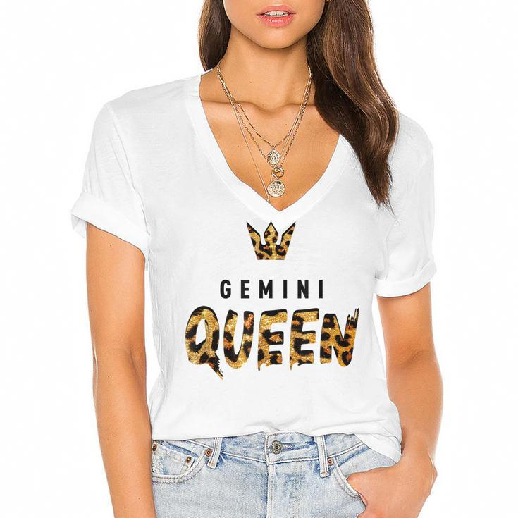 Gemini Queen Leopard  Cheetah Pattern Astrology Birthday  Women's Jersey Short Sleeve Deep V-Neck Tshirt