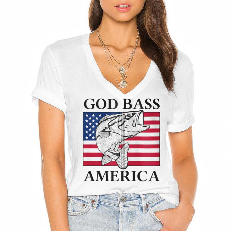 God Bass America Funny Fishing Dad 4Th Of July Usa Patriotic Zip  Women's Jersey Short Sleeve Deep V-Neck Tshirt