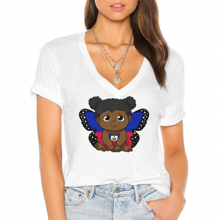 Haiti Haitian Love Flag Princess Girl Kid Wings Butterfly Women's Jersey Short Sleeve Deep V-Neck Tshirt
