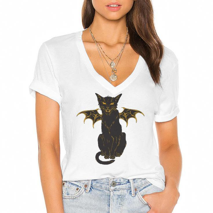 Halloween Black Cat With Wings Men Women Boy Girl Kids Gift Women's Jersey Short Sleeve Deep V-Neck Tshirt