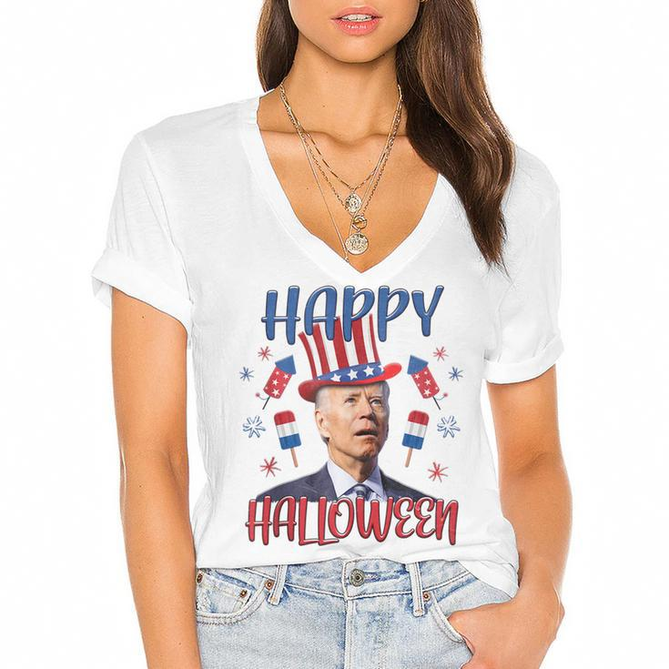 Halloween Funny Happy 4Th Of July Anti Joe Biden Men Women  Women's Jersey Short Sleeve Deep V-Neck Tshirt