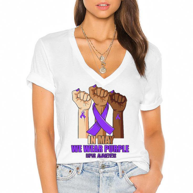 Hand In May We Wear Purple Lupus Awareness Month Women's Jersey Short Sleeve Deep V-Neck Tshirt