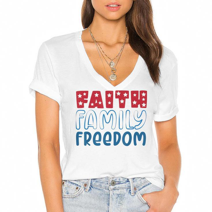 Happy 4Th Of July Fireworks Patriotic Faith Family Freedom  Women's Jersey Short Sleeve Deep V-Neck Tshirt