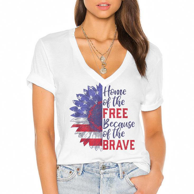 Home Of The Free Because Of The Brave Sunflower 4Th Of July  Women's Jersey Short Sleeve Deep V-Neck Tshirt