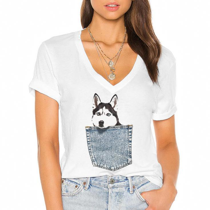 Husky In My Pocket Peeking Husky Funny Tee  Dog Animal Women's Jersey Short Sleeve Deep V-Neck Tshirt