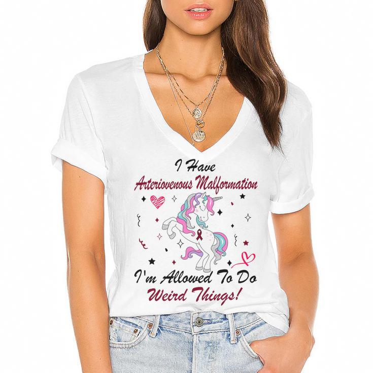 I Have Arteriovenous Malformation Im Allowed To Do Weird Things  Funny Unicorn Burgundy Ribbon  Arteriovenous Malformation Support  Arteriovenous Malformation Awareness Women's Jersey Short Sleeve Deep V-Neck Tshirt