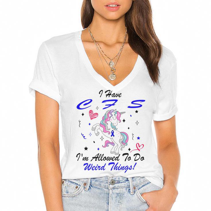 I Have Chronic Fatigue Syndrome Cfs Im Allowed To Do Weird Things  Unicorn Blue Ribbon  Chronic Fatigue Syndrome Support  Cfs Awareness Women's Jersey Short Sleeve Deep V-Neck Tshirt