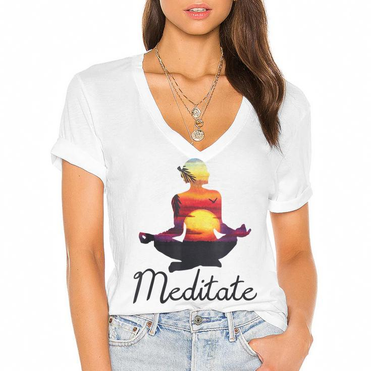 I Meditate T  Yoga Pose Tropical Sunrise Meditation V2 Women's Jersey Short Sleeve Deep V-Neck Tshirt