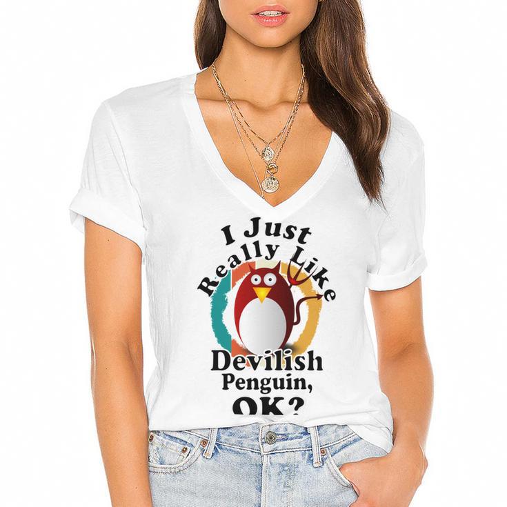 I Really Like Devilish Penguin Ok Women's Jersey Short Sleeve Deep V-Neck Tshirt