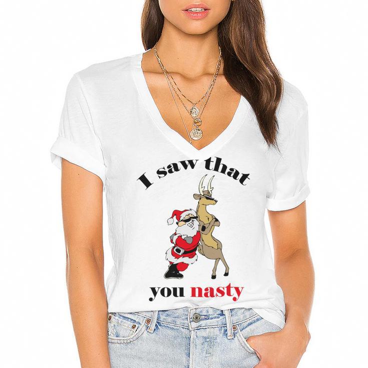 I Saw That You Nasty Red Santa Women's Jersey Short Sleeve Deep V-Neck Tshirt