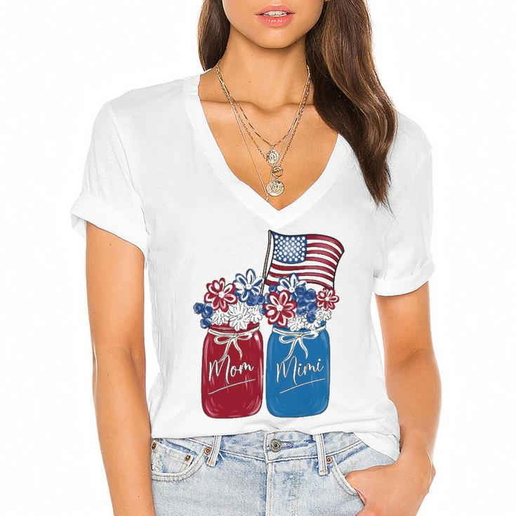 July 4Th Mom Mimi Patriotic Flower Art Funny Women's Jersey Short Sleeve Deep V-Neck Tshirt