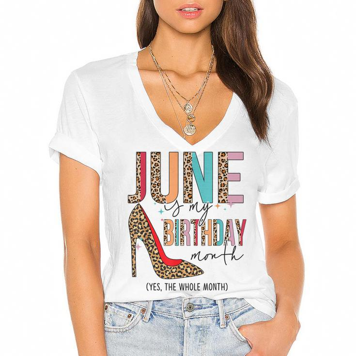 June Is My Birthday Month Boho Leopard High Heels Shoes  Women's Jersey Short Sleeve Deep V-Neck Tshirt