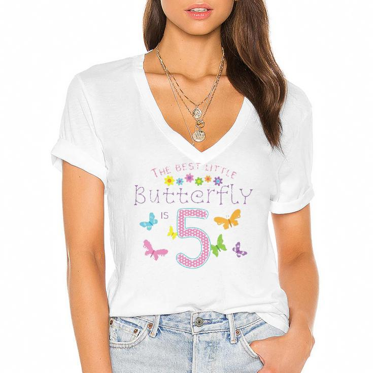 Kids 5Th Fifth Birthday Party Cake Little Butterfly Flower Fairy Women's Jersey Short Sleeve Deep V-Neck Tshirt