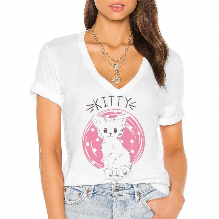 Kids Cat Kitten Kitty Girl Women's Jersey Short Sleeve Deep V-Neck Tshirt