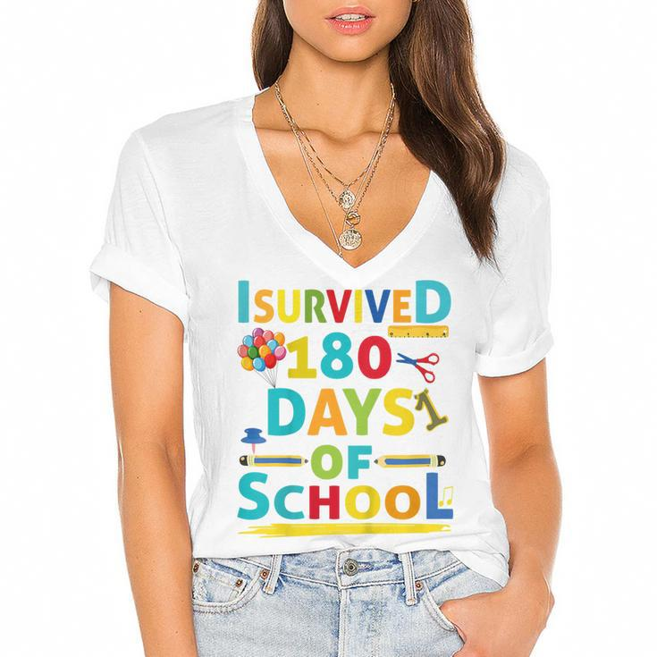Kids I Survived 180 Days Of School 2022 Class Activity Teacher  Women's Jersey Short Sleeve Deep V-Neck Tshirt
