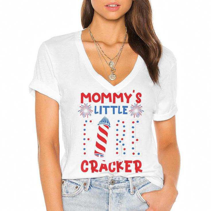 Kids Mommys Little Firecracker Independence Day Firework Toddler  Women's Jersey Short Sleeve Deep V-Neck Tshirt