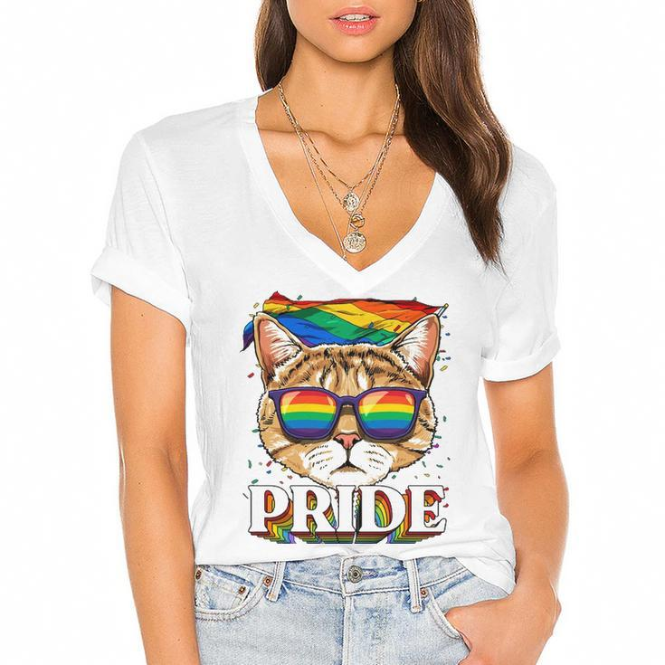 Lgbt Cat Gay Pride Lgbtq Rainbow Flag Sunglasses Women's Jersey Short Sleeve Deep V-Neck Tshirt