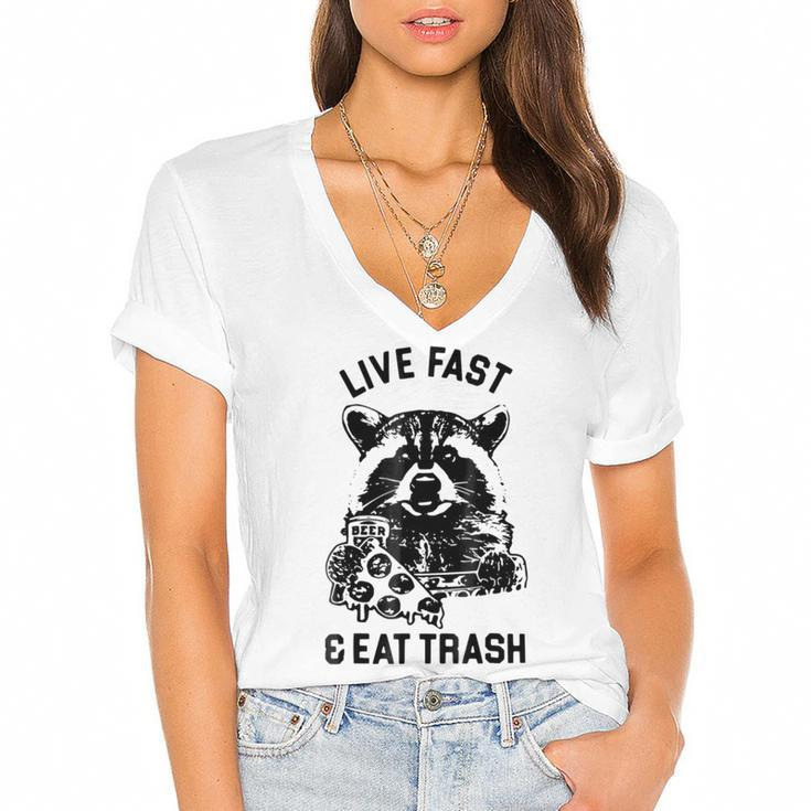 Live Fast Eat Trash Funny Raccoon Hiking Women's Jersey Short Sleeve Deep V-Neck Tshirt
